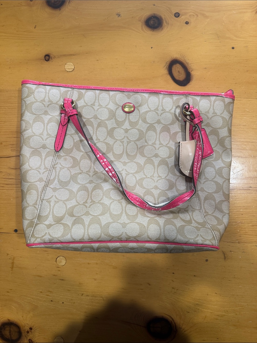 Coach Beige Signature Tote with Pink Trim